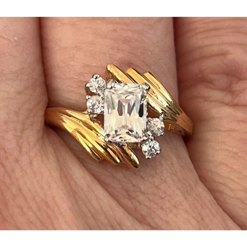 Vintage 1970s Ring Size 9 CZ Emerald Cut Solitaire Bypass Gold Plated - 14R
